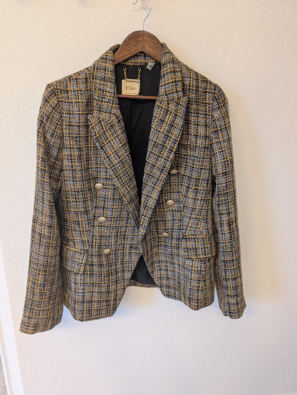 Elie Tahari Classic Glam Black Gold Tweed Double Breasted Blazer 12